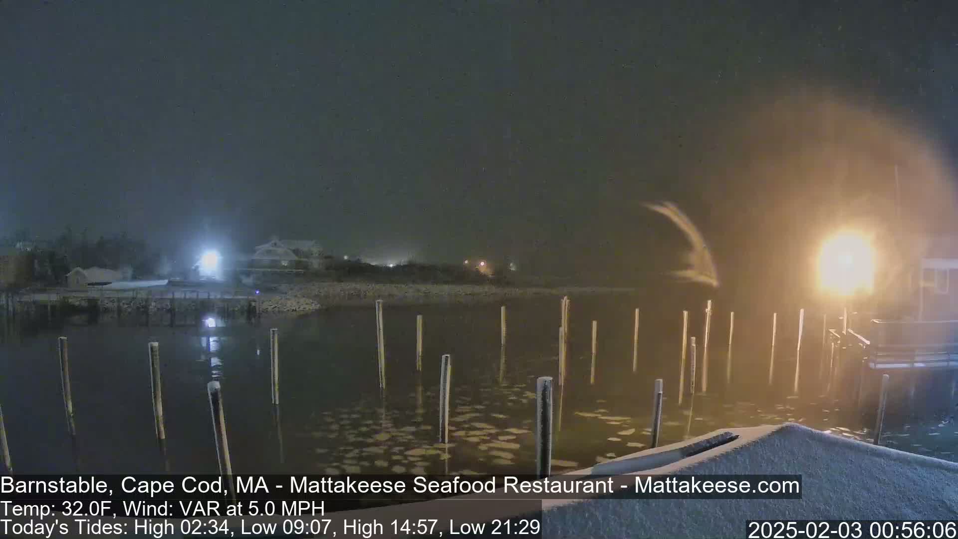 A nighttime snow scene shows a calm body of water with wooden posts extending from a snow-covered dock into the water, under a dark, snowy sky.