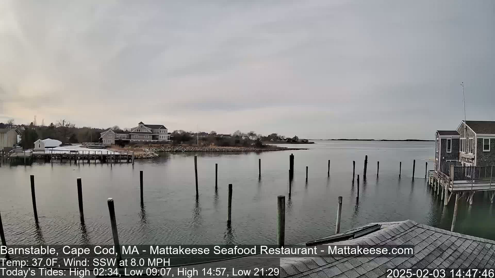 A calm body of water with wooden pilings and buildings on the shore under an overcast sky.