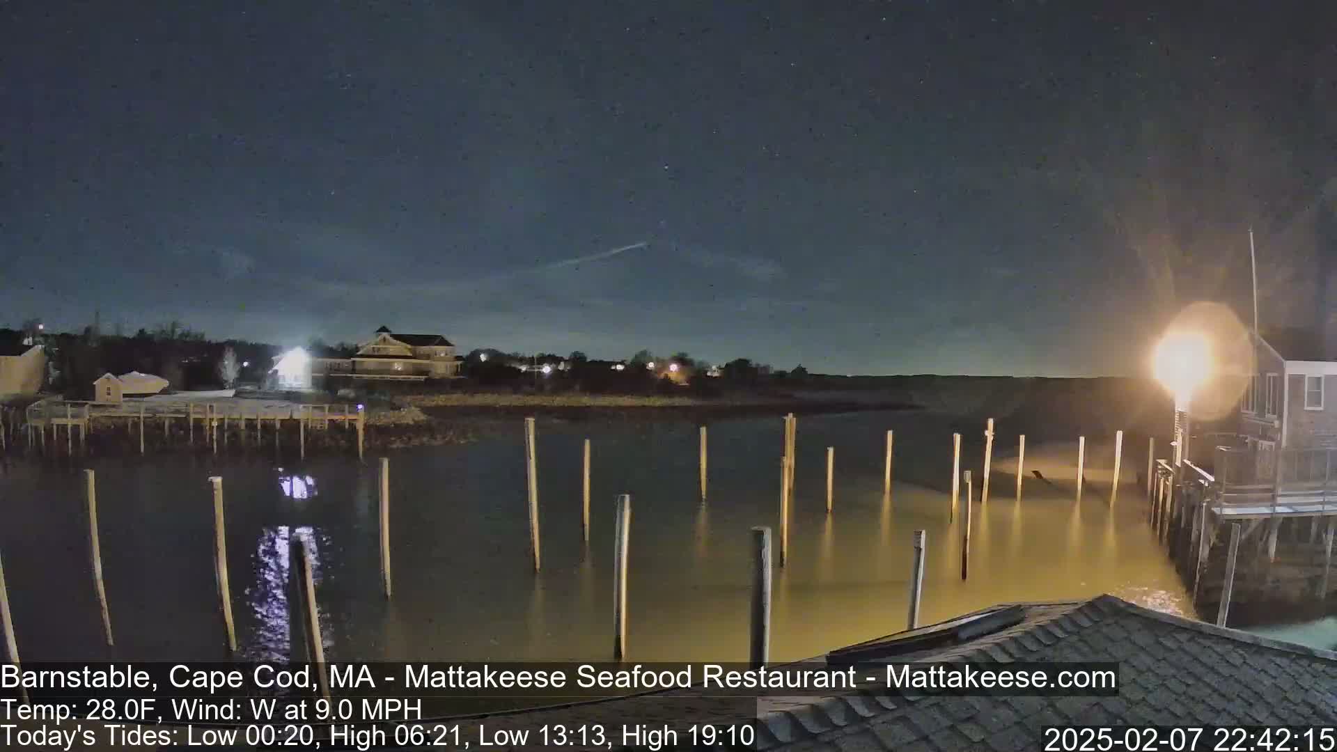 A nighttime view of a calm body of water with wooden pilings extending into it,  buildings and a shoreline visible in the background under a clear, starry sky.
