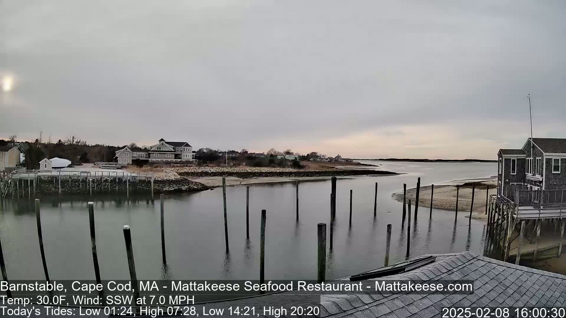 A calm body of water with a few houses and a dock visible on a cloudy, cool day.