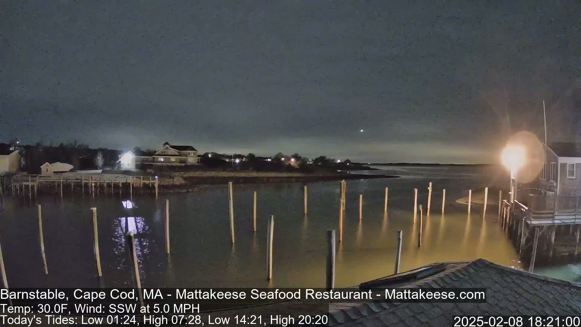 A nighttime view of a calm body of water with wooden pilings extending from a shoreline, featuring buildings with lights on, under a dark, clear sky.