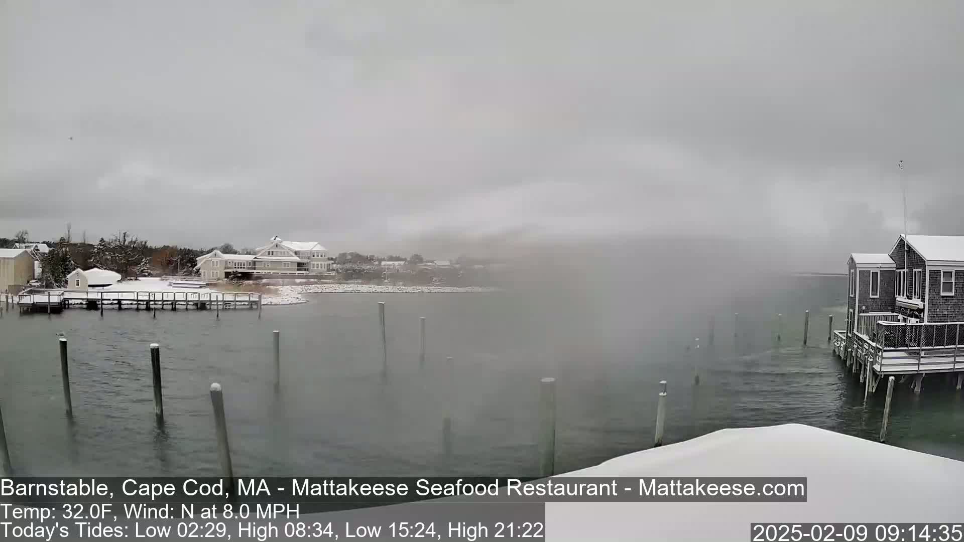 Snow-covered houses and docks are visible across a foggy, snow-filled harbor.