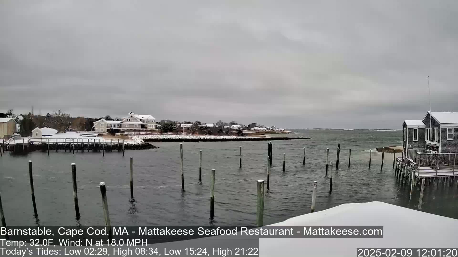 Snow-covered houses and docks line a calm, gray waterway under an overcast sky.