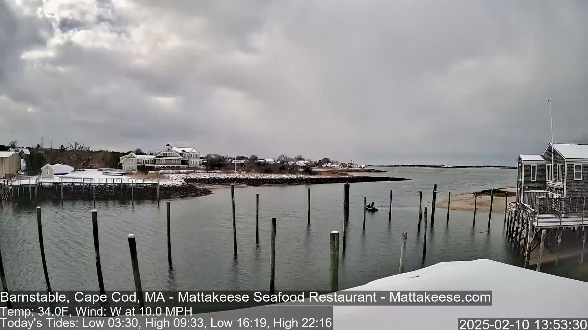 A partly cloudy, snowy waterfront scene shows a calm body of water with several pilings, a small boat, and snow-covered houses and docks.