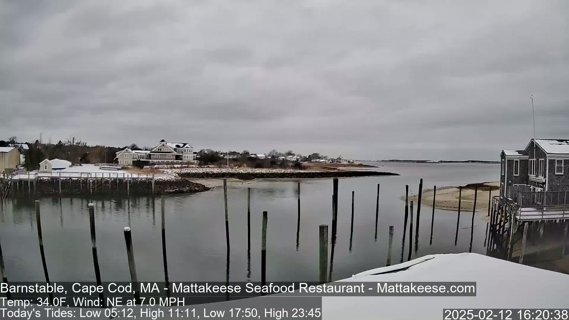 A snow-dusted waterfront scene shows a calm body of water with weathered wooden pilings, houses on a nearby snow-covered shore under an overcast sky.
