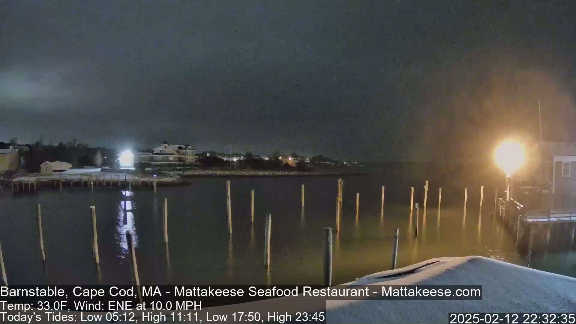 A nighttime view of a snow-covered dock extending into calm water, with a few lights visible on the shore under a dark, lightly snowing sky.