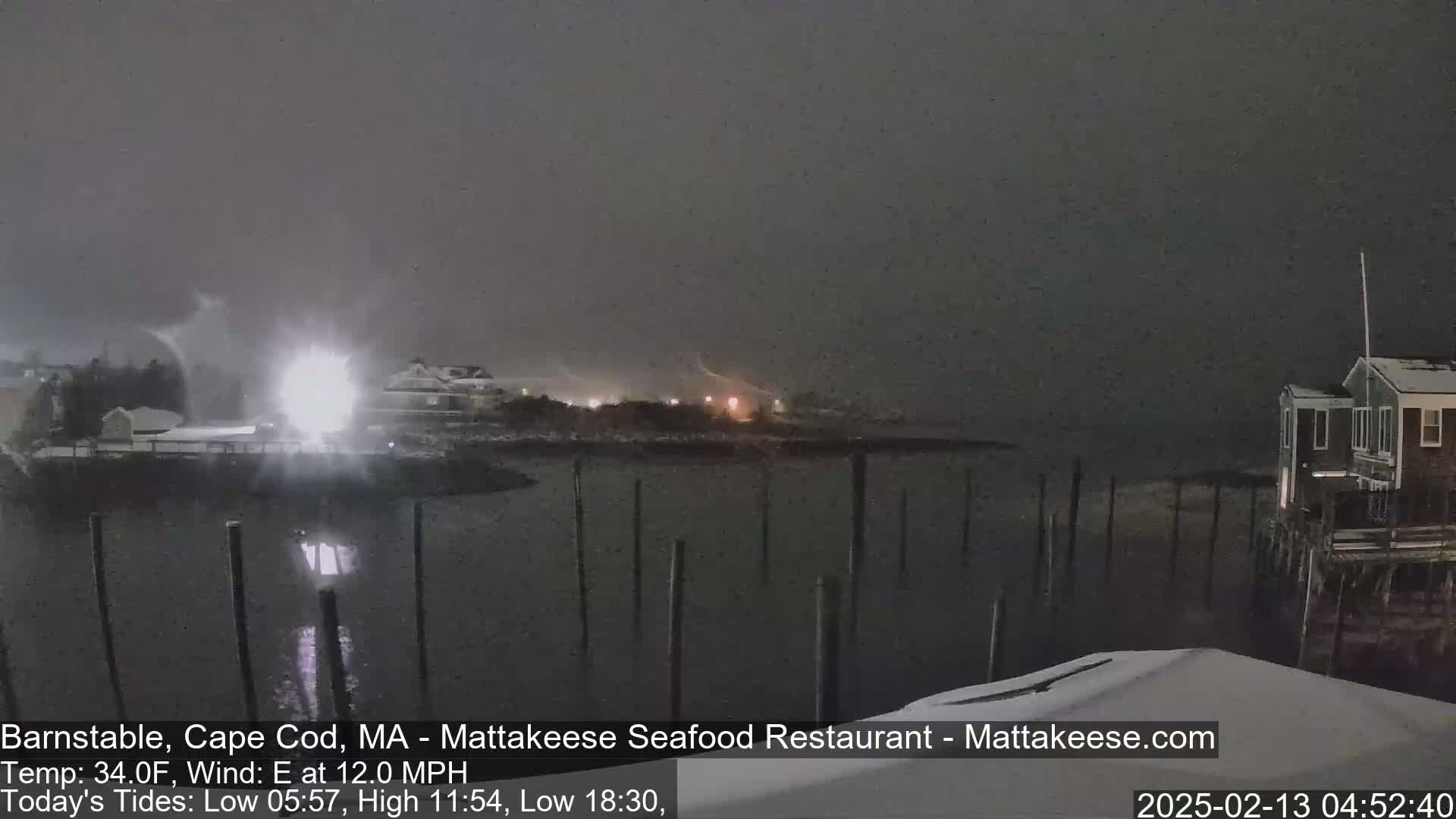 A nighttime scene of a snow-covered waterfront with houses and docks under a heavy snowfall.
