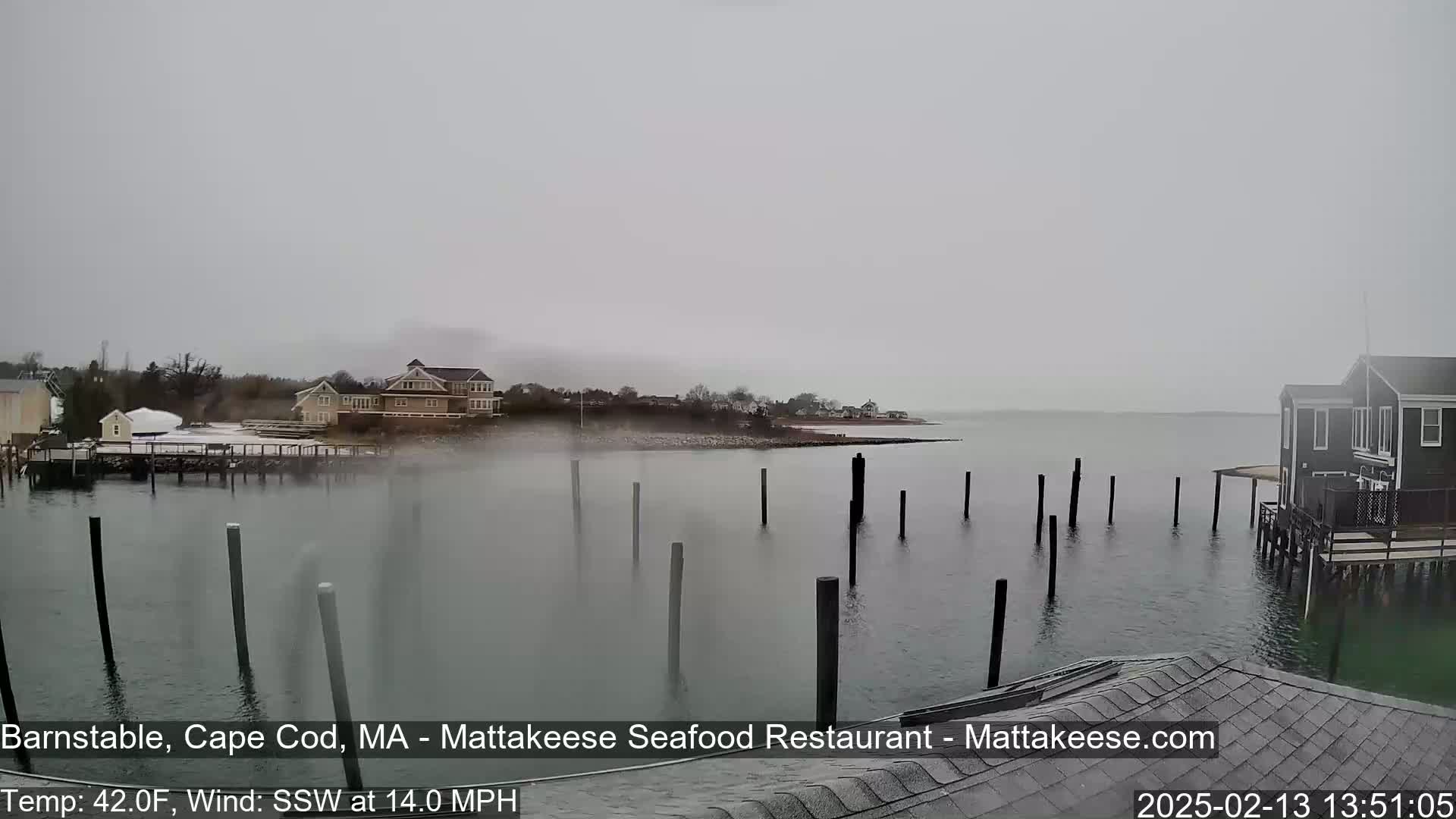 A foggy, overcast day shows a waterfront scene with houses, docks, and pilings in the water.