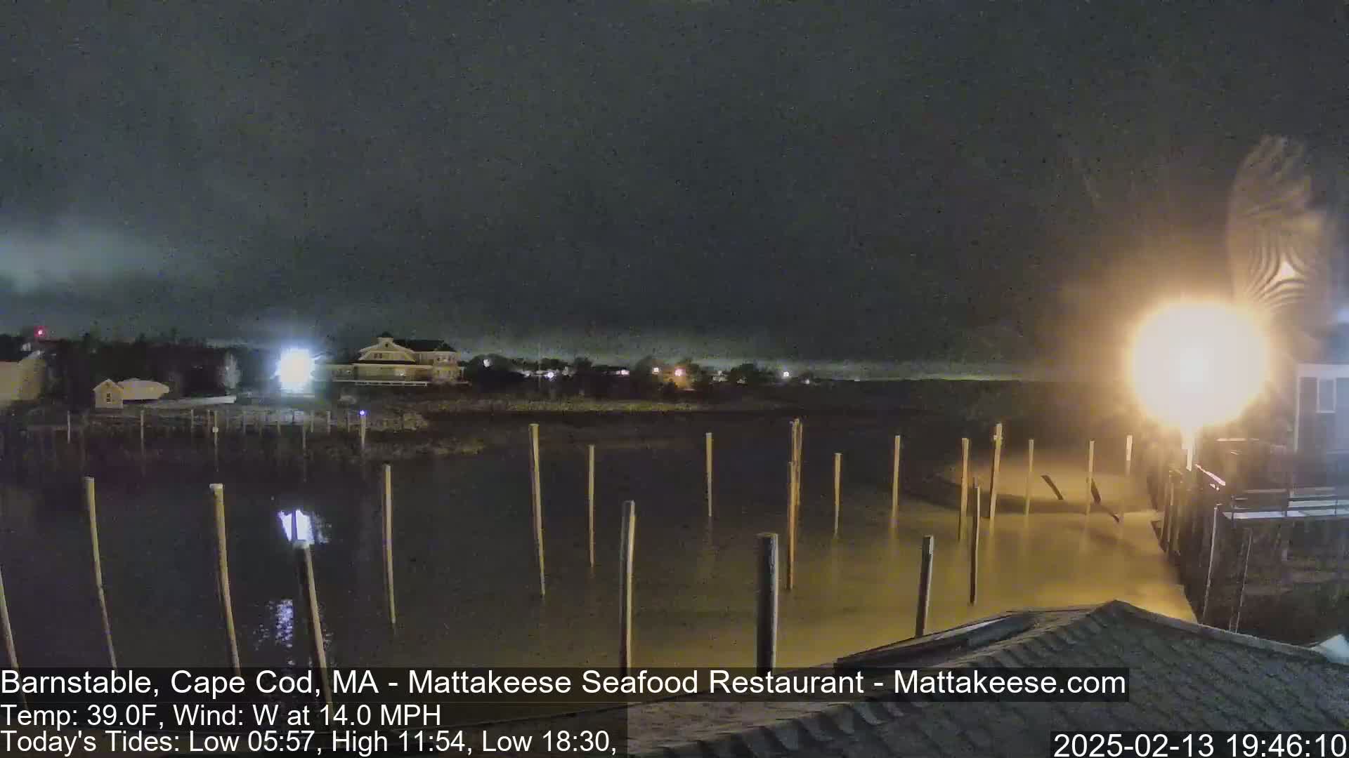 A nighttime view of a calm body of water with wooden pilings, a building with lights, and a dark sky.