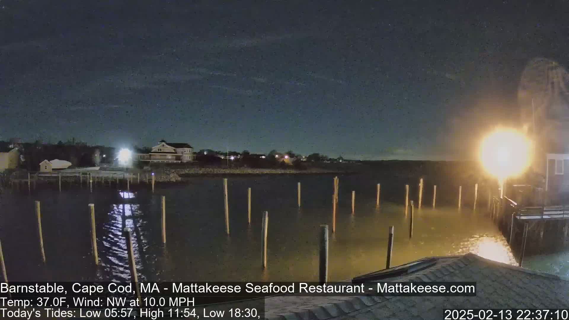 A nighttime view of a calm body of water with wooden posts extending from a shoreline, illuminated by lights from buildings and a bright light source in the lower right.