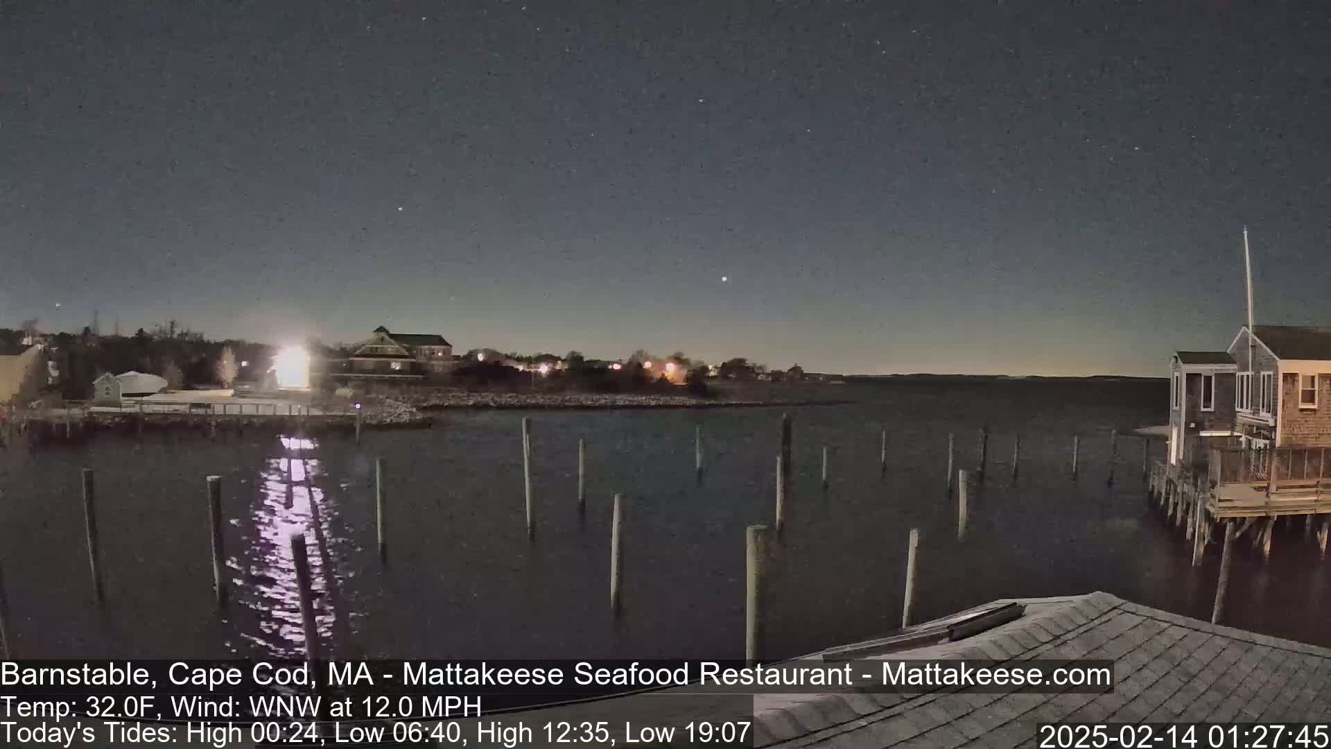 A nighttime view of a calm body of water with a few lights visible on the shore under a clear, starry sky.