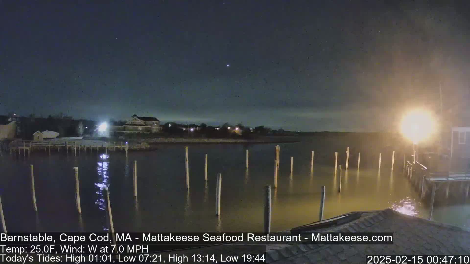A nighttime view of a calm body of water with several pilings extending from a dock, buildings are visible on the far shore under a clear, dark sky.