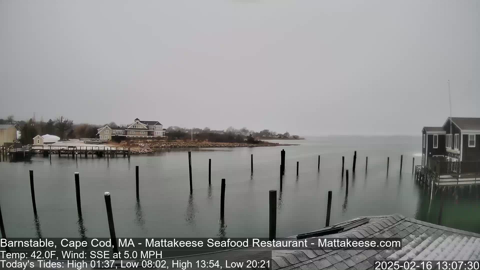 A snowy, overcast scene shows a calm body of water with several pilings partially submerged, houses and buildings along a shoreline, and a small amount of snow on rooftops.