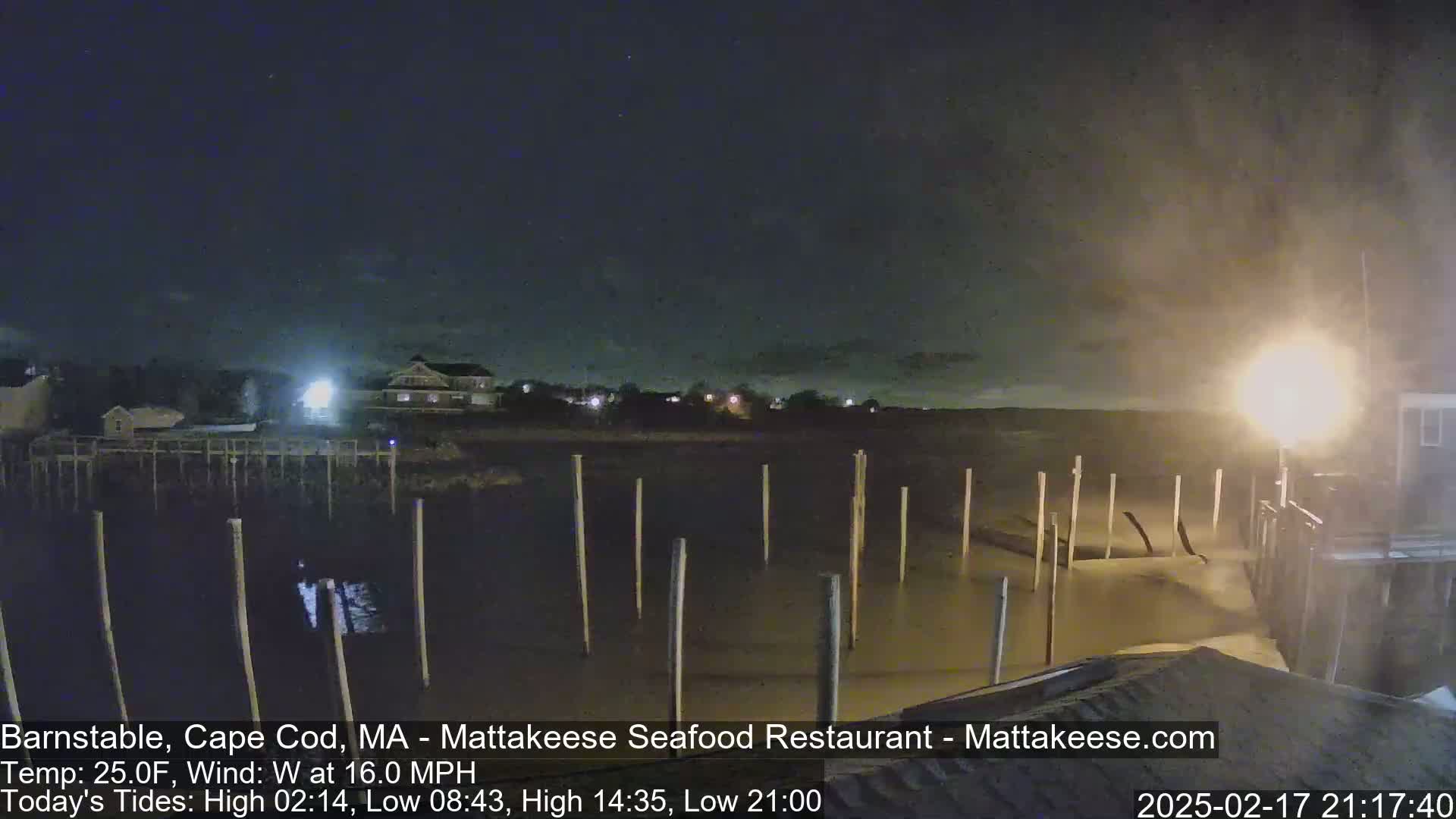 A nighttime view of a waterfront with wooden pilings in shallow water under a dark, overcast sky.