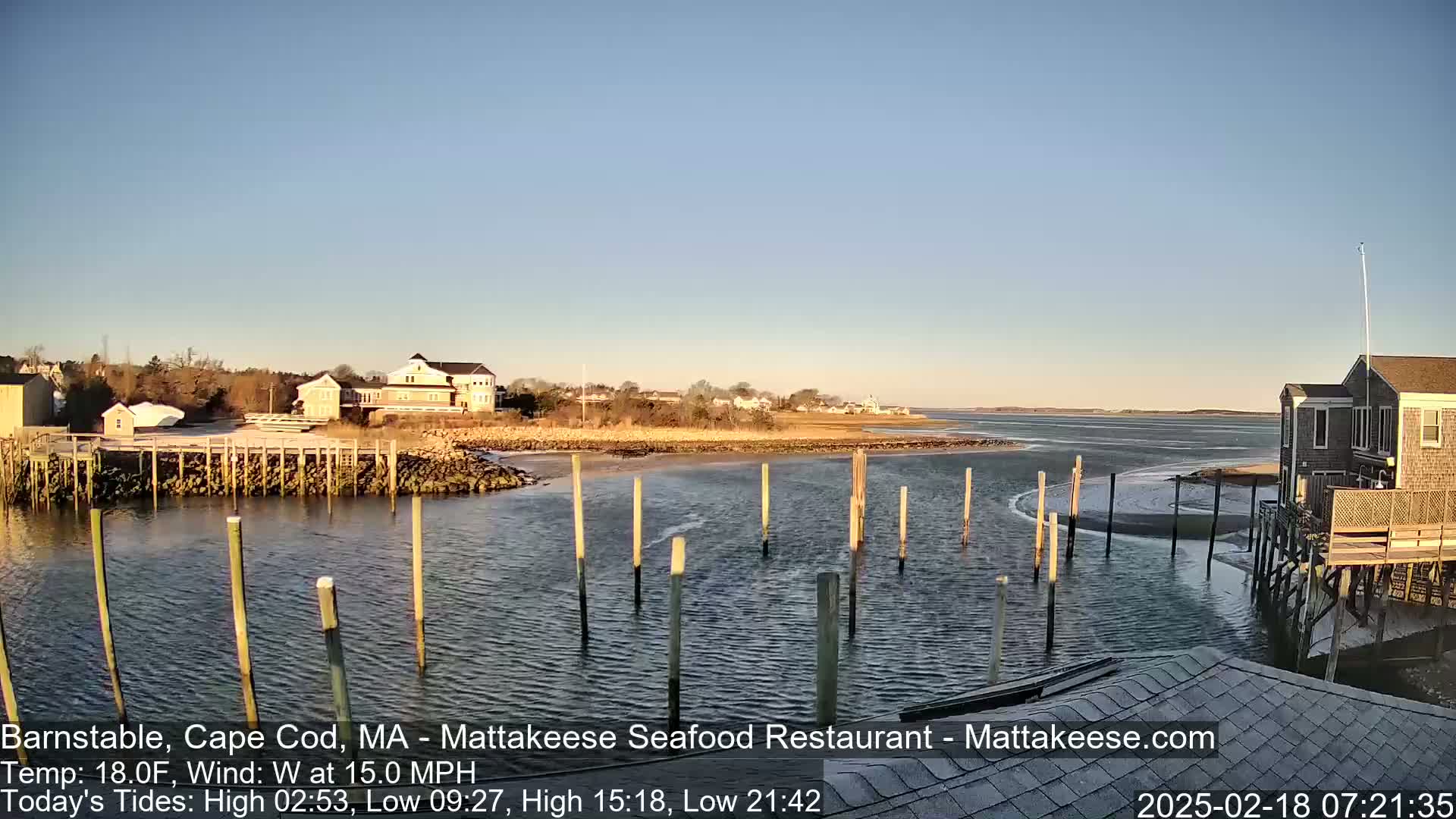 A calm body of water with a dock and waterfront buildings under a clear blue sky.