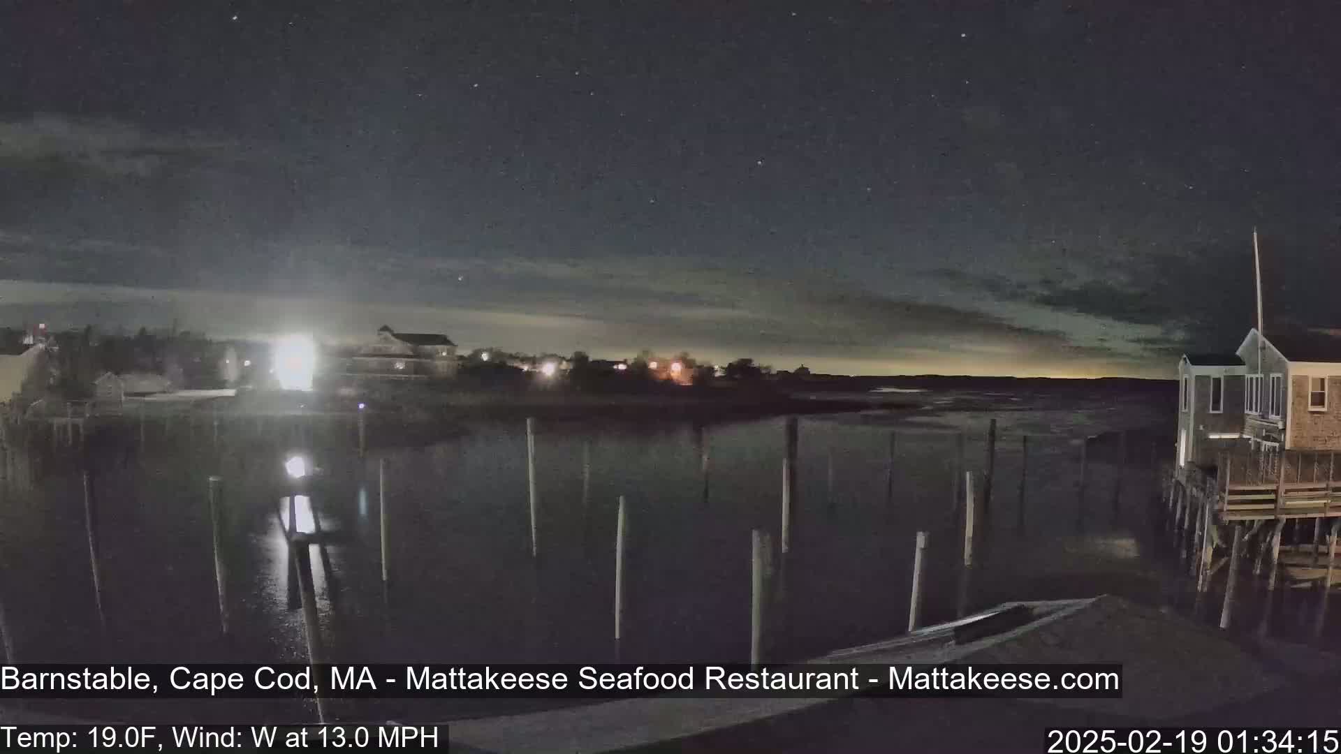 A nighttime view of a calm body of water with a few buildings on the shore under a slightly cloudy sky, with a 19°F temperature and a 13 mph westerly wind.