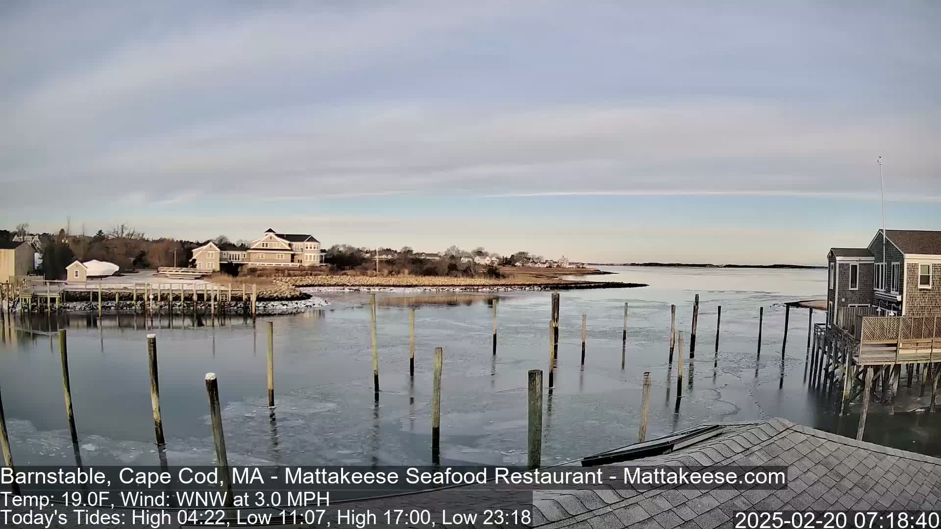 A partly cloudy, cold day at a waterfront location with a partially frozen harbor, houses, and a dock.