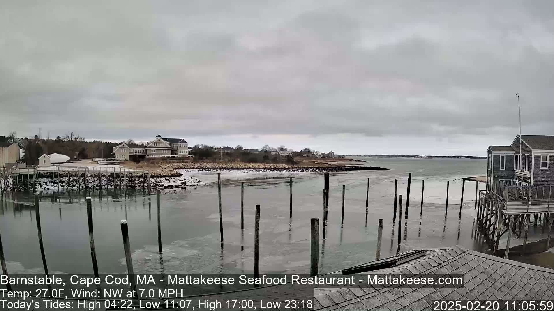 A partly frozen harbor with houses and a partially frozen dock under an overcast sky.