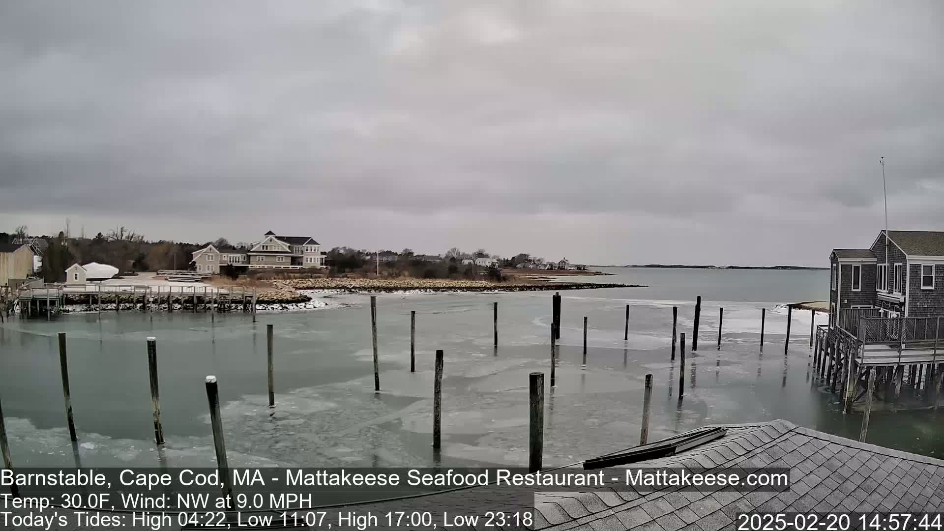 A partially ice-covered harbor with wooden pilings, houses, and a cloudy sky.