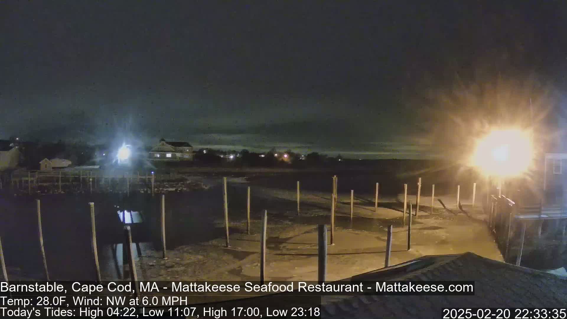 A nighttime view of a mostly empty dock area with a few buildings in the distance under a cloudy sky.
