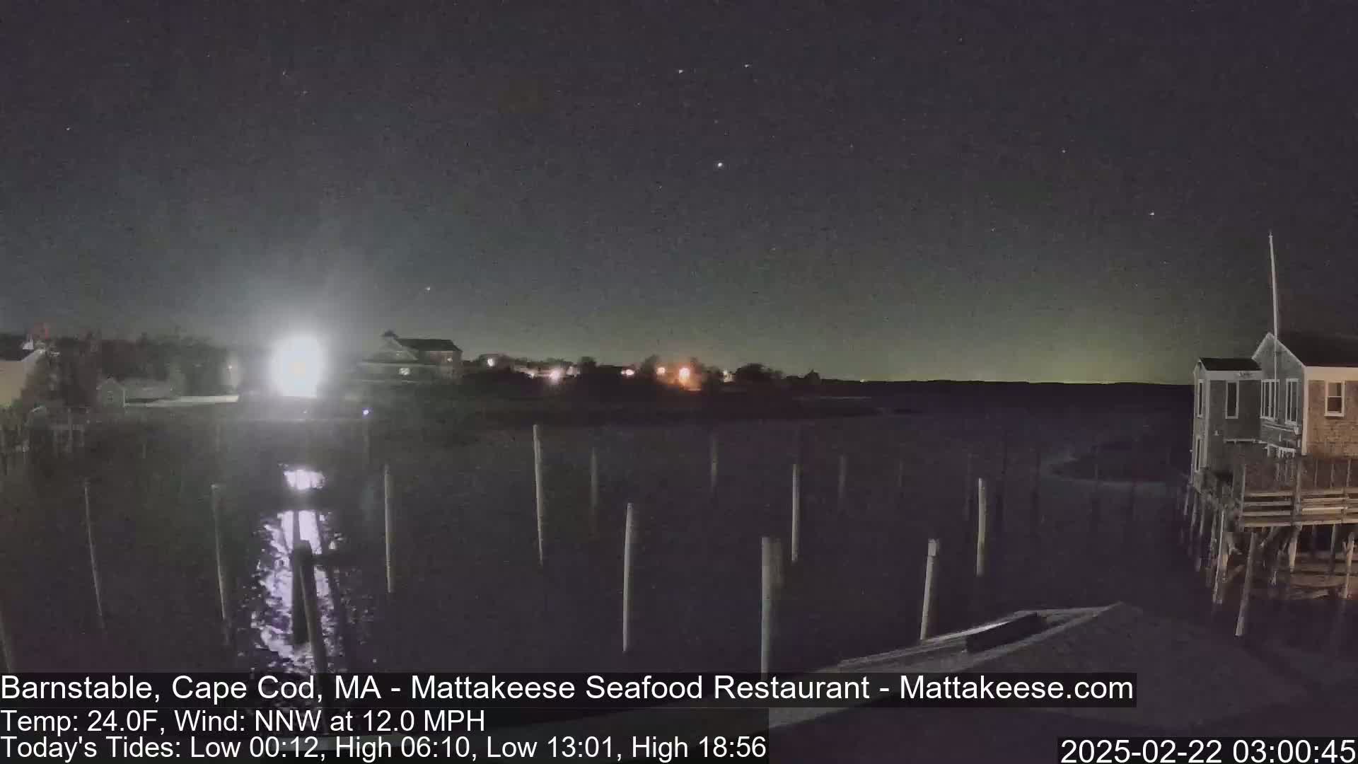 A nighttime view of a calm body of water with pilings, buildings, and a clear, starry sky.