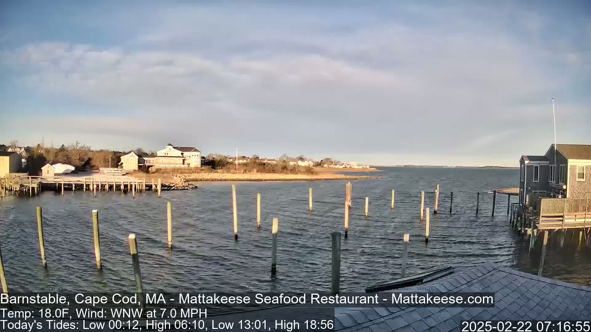 A calm body of water with wooden pilings extends from a shoreline featuring buildings and a partly cloudy sky.
