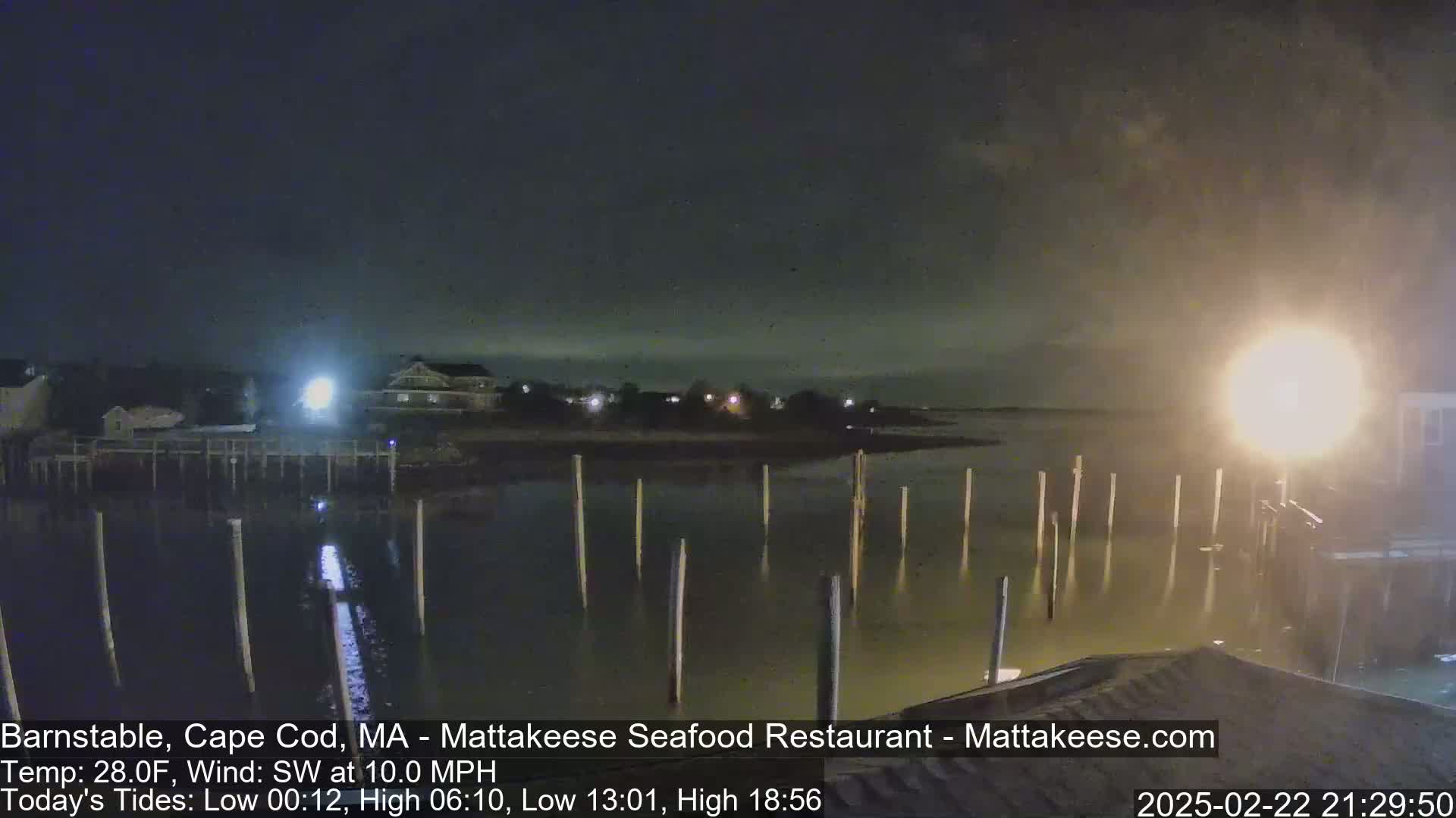 A nighttime view of a calm body of water with several pilings extending from the shore, under a slightly hazy sky.