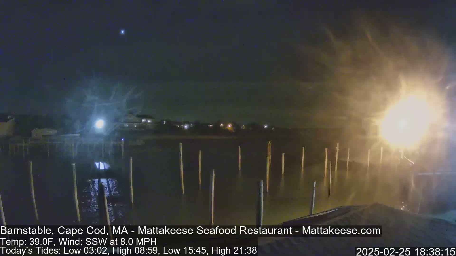 A nighttime view of a dock extending into calm water under a hazy sky, with a few lights visible on the shore.