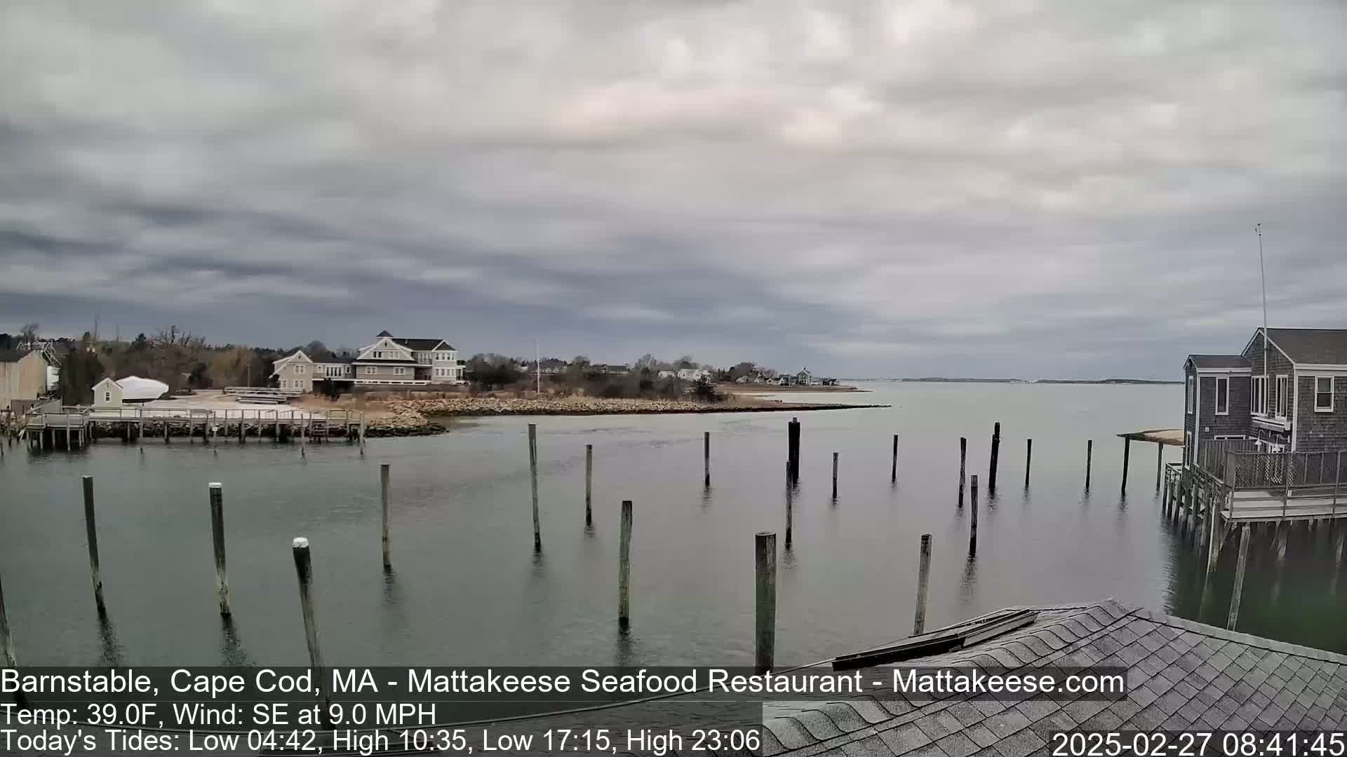A calm body of water with wooden pilings extends from a shoreline with houses under an overcast sky.