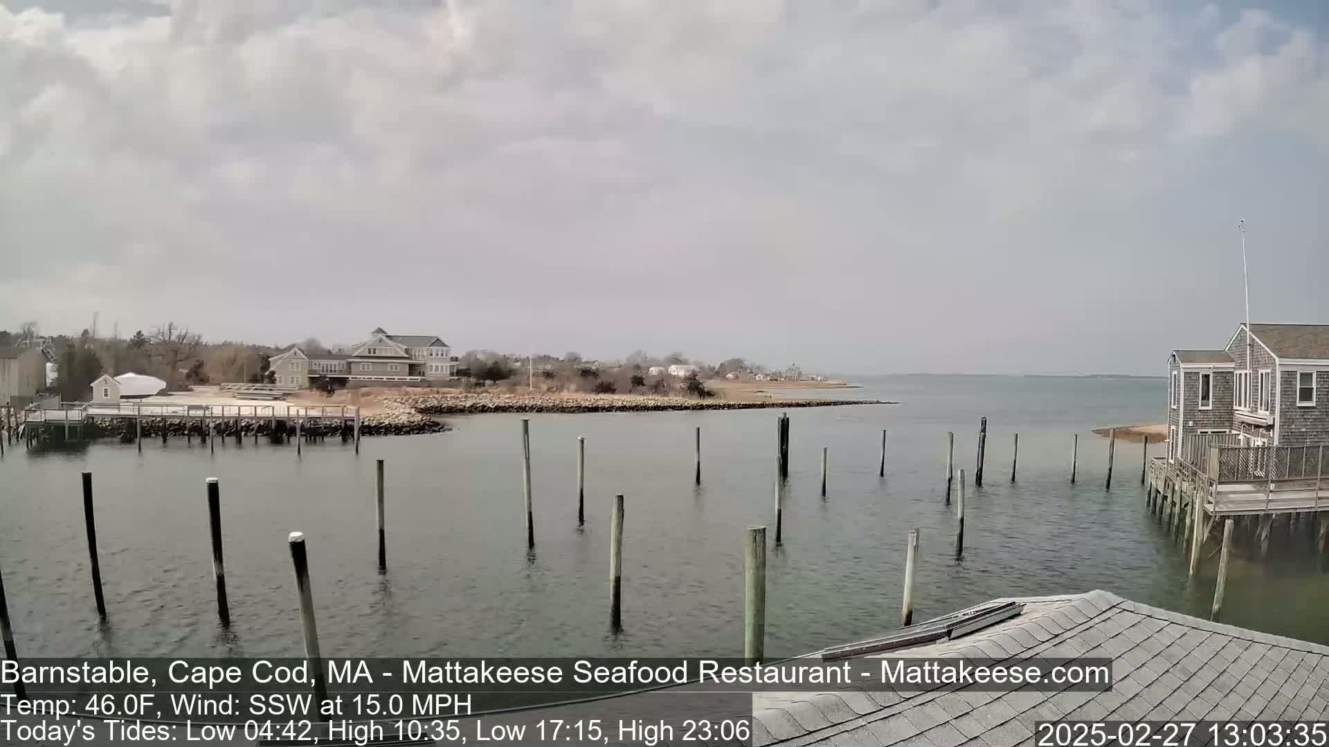 A calm body of water with numerous pilings in a marina, a few buildings on the shore, and an overcast sky.