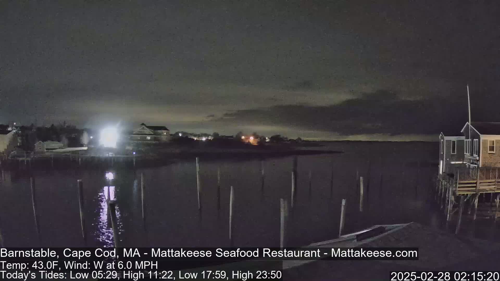 A nighttime view of a calm body of water with a few buildings and pilings visible under a dark, cloudy sky.