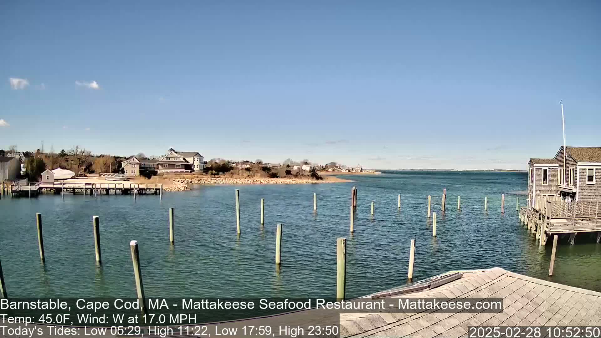 A calm body of water with numerous pilings, a waterfront building, and a small town in the background under a clear blue sky.