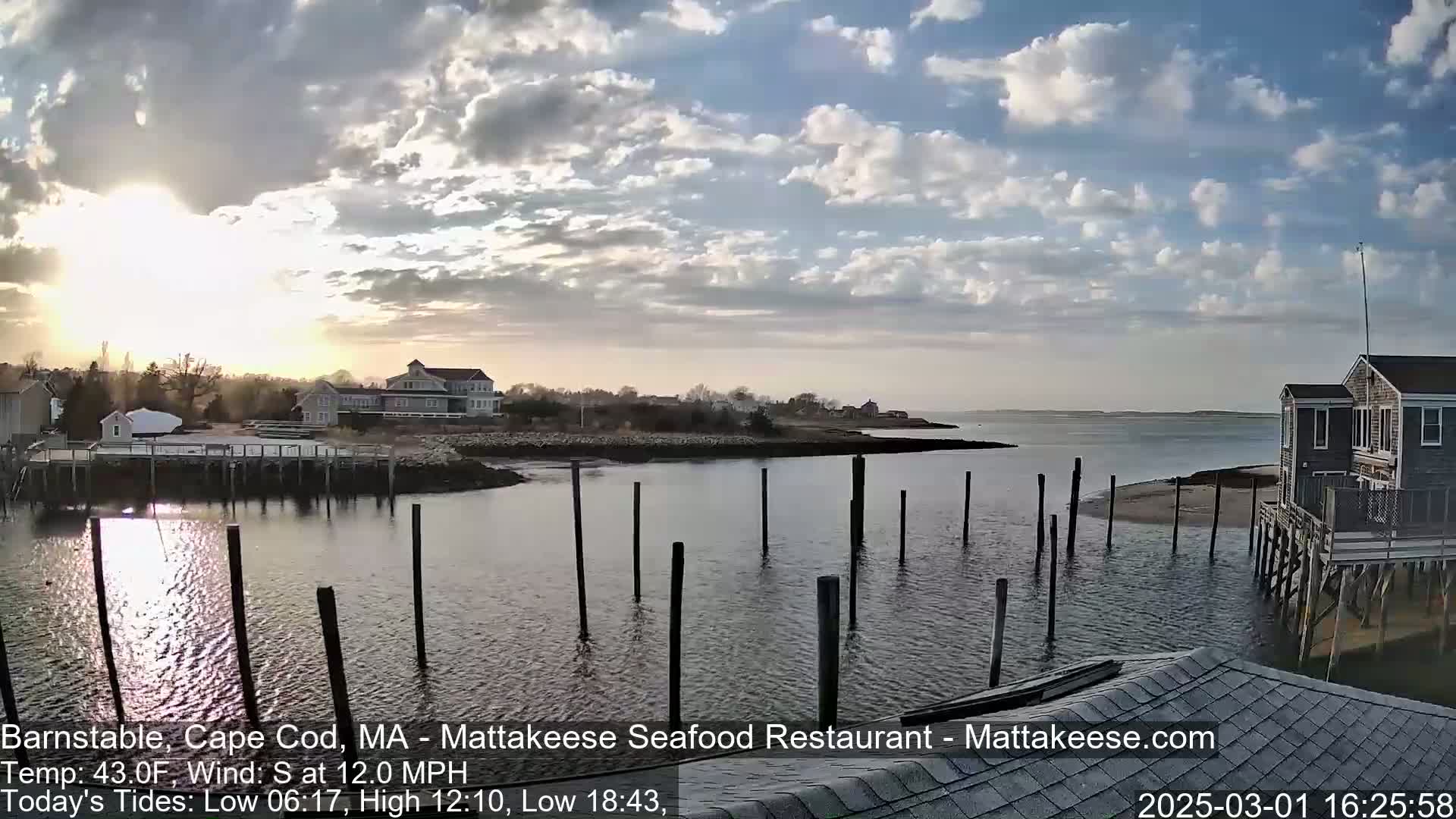 A partly cloudy sunset over a calm bay with a small town and a pier in the foreground.