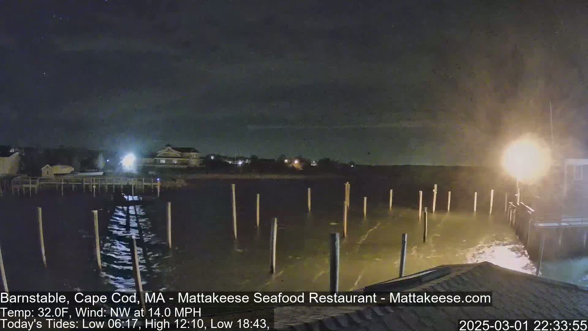 A nighttime view of a pier extending into choppy water under a dark sky.