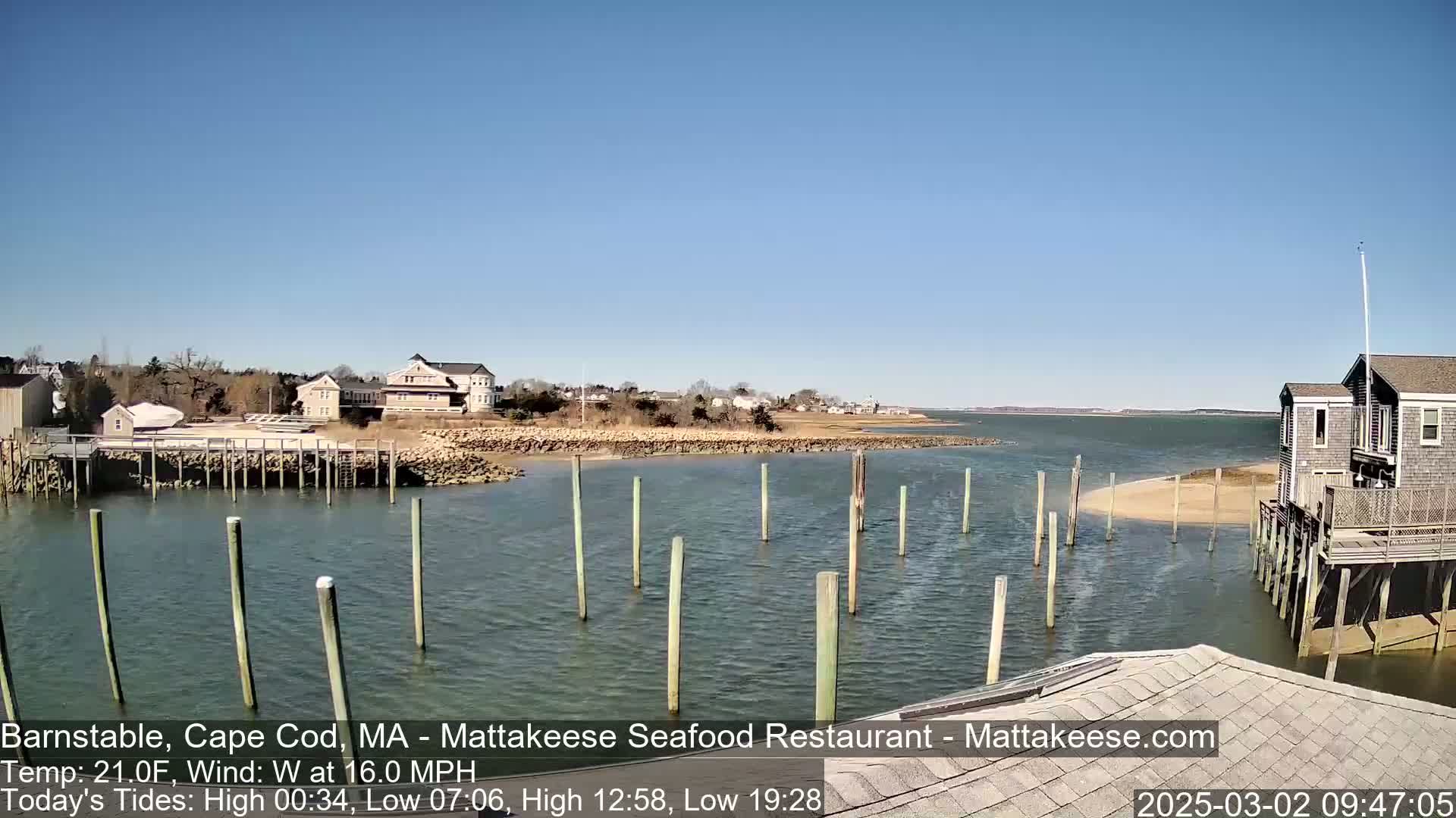 A calm body of water with wooden pilings, houses, and a sandy shore under a clear blue sky.