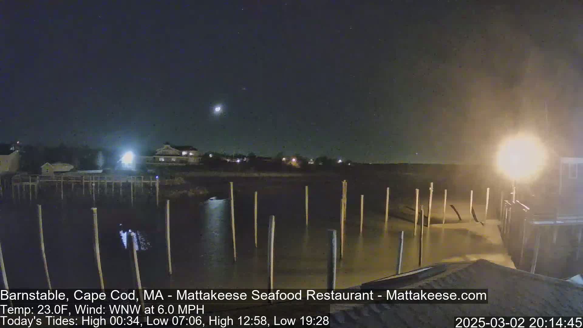 A nighttime view of a calm body of water with a dock and buildings in the background under a clear sky.