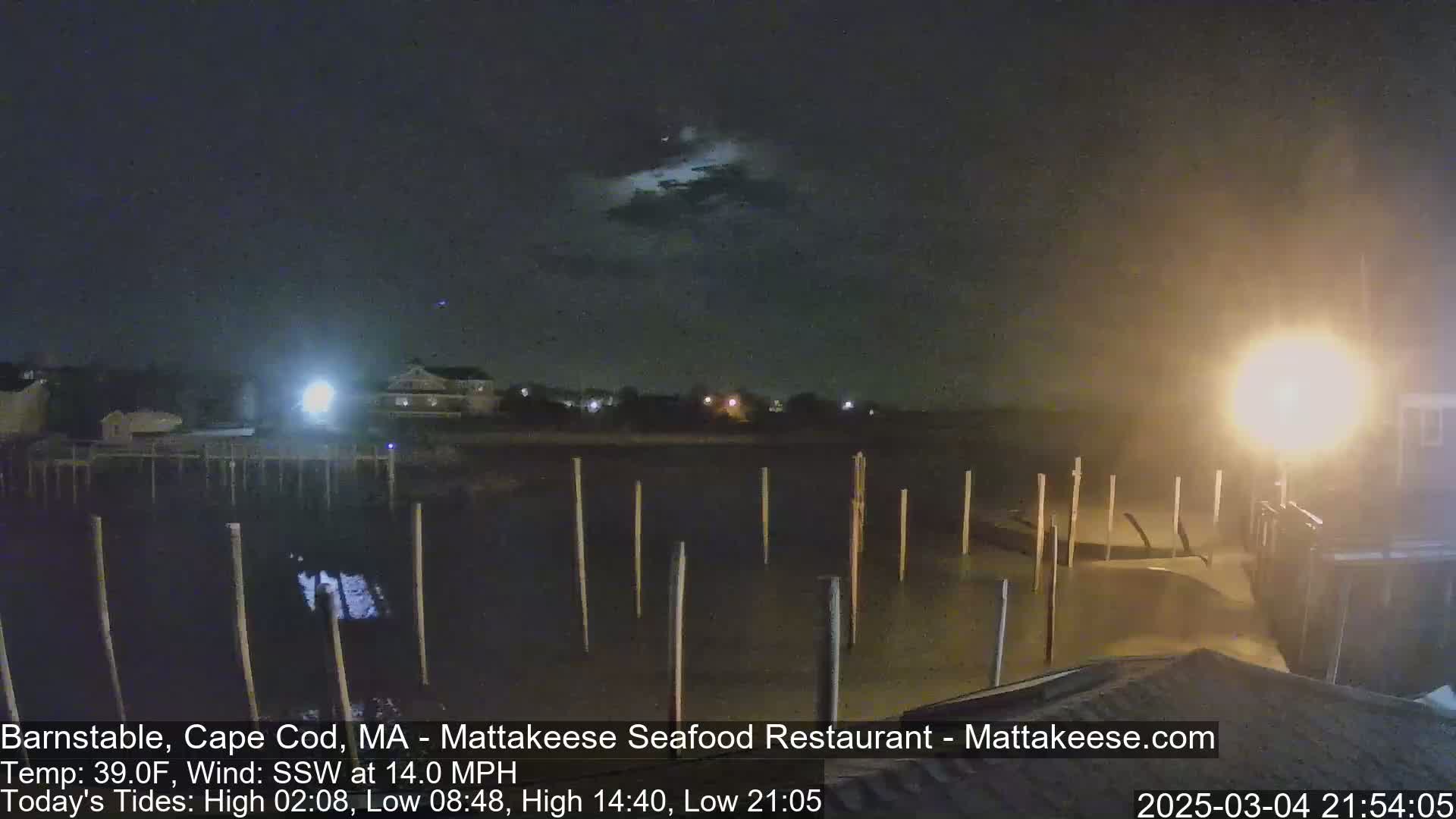 A nighttime view of a calm body of water with several posts extending from the shoreline into the water under a partly cloudy sky.
