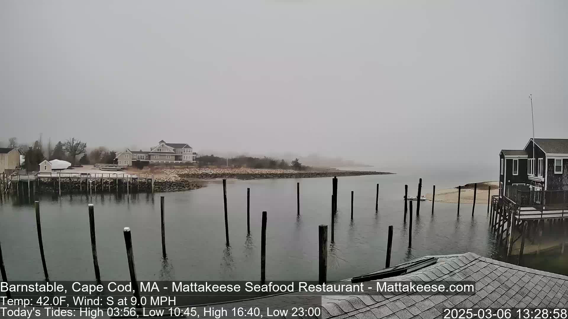 A foggy view of a calm body of water with several wooden pilings, houses, and a small boat.