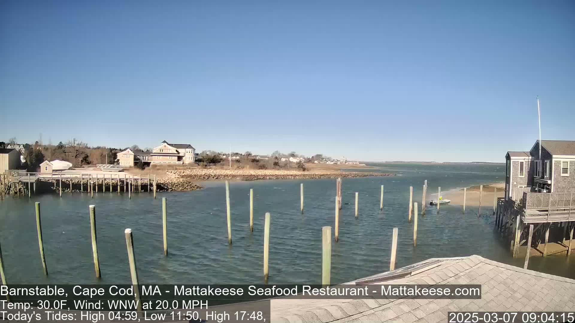 A partly sunny day with a WNW wind at 20 mph shows a small boat near a waterfront with wooden pilings and houses.