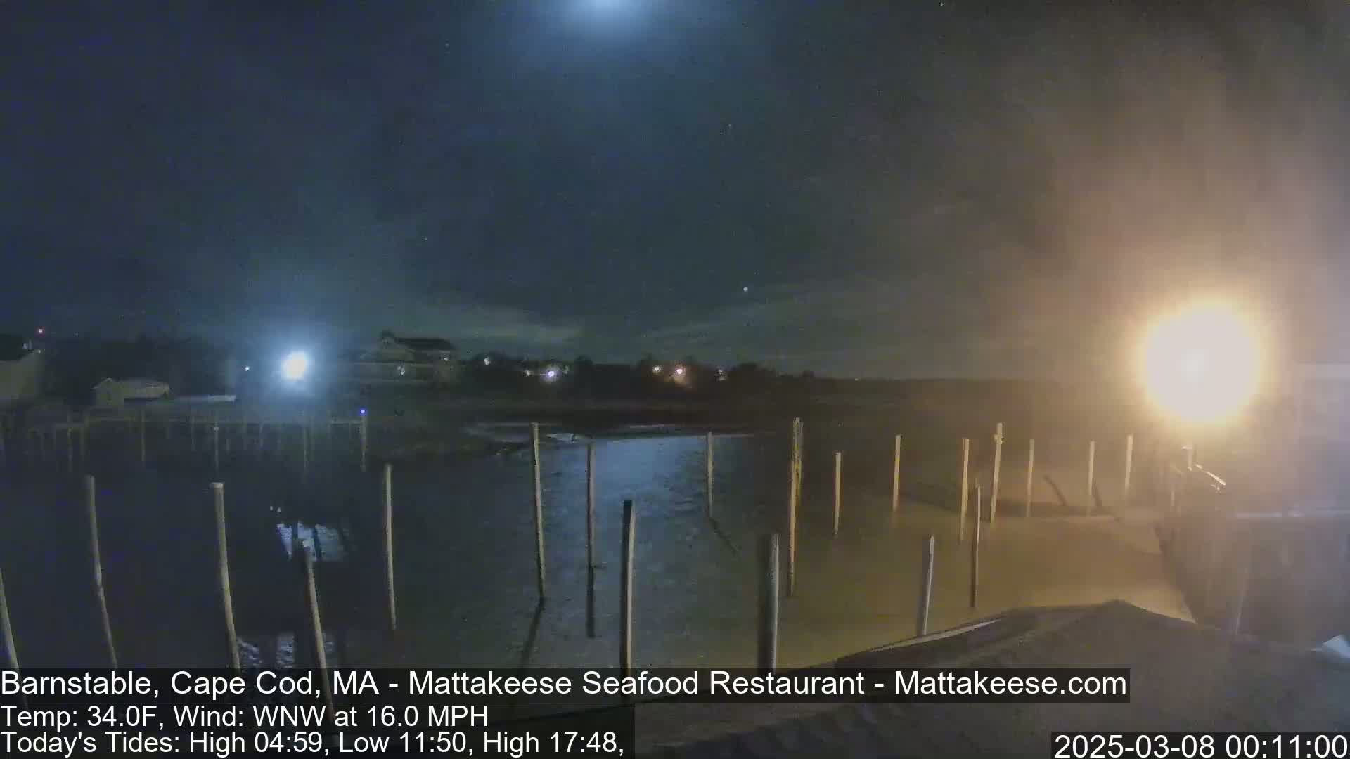 A nighttime view of a calm body of water with several posts sticking out of the water under a bright moon and slightly hazy sky.