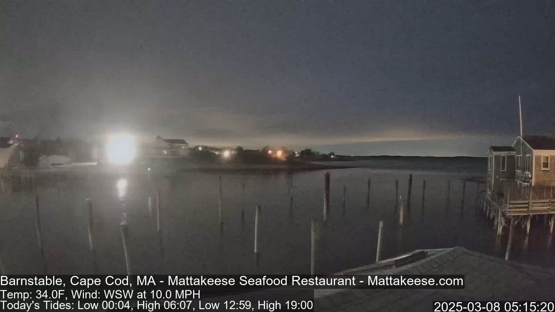 A nighttime view of a calm body of water with a few lights on the shore and a building on stilts over the water under a dark, mostly clear sky.