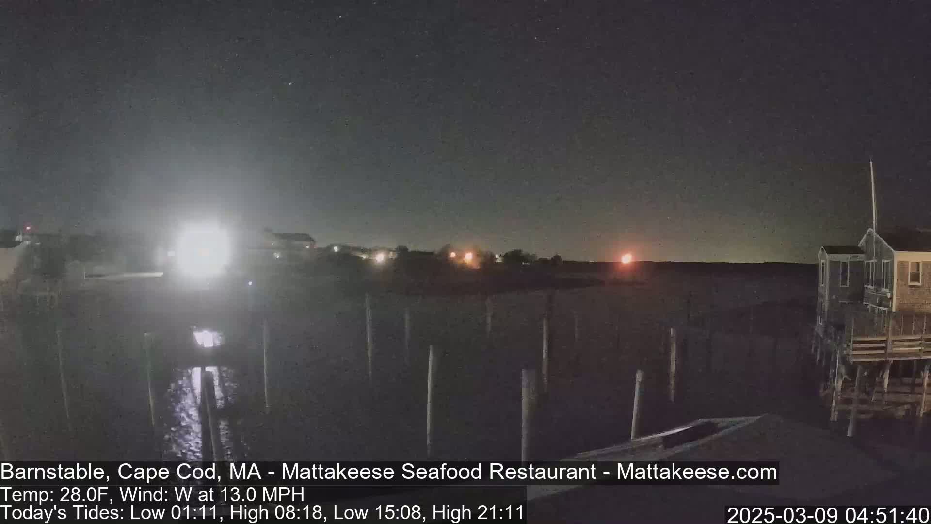 A nighttime view of a calm body of water with a few lights visible on the shore under a clear, starry sky.