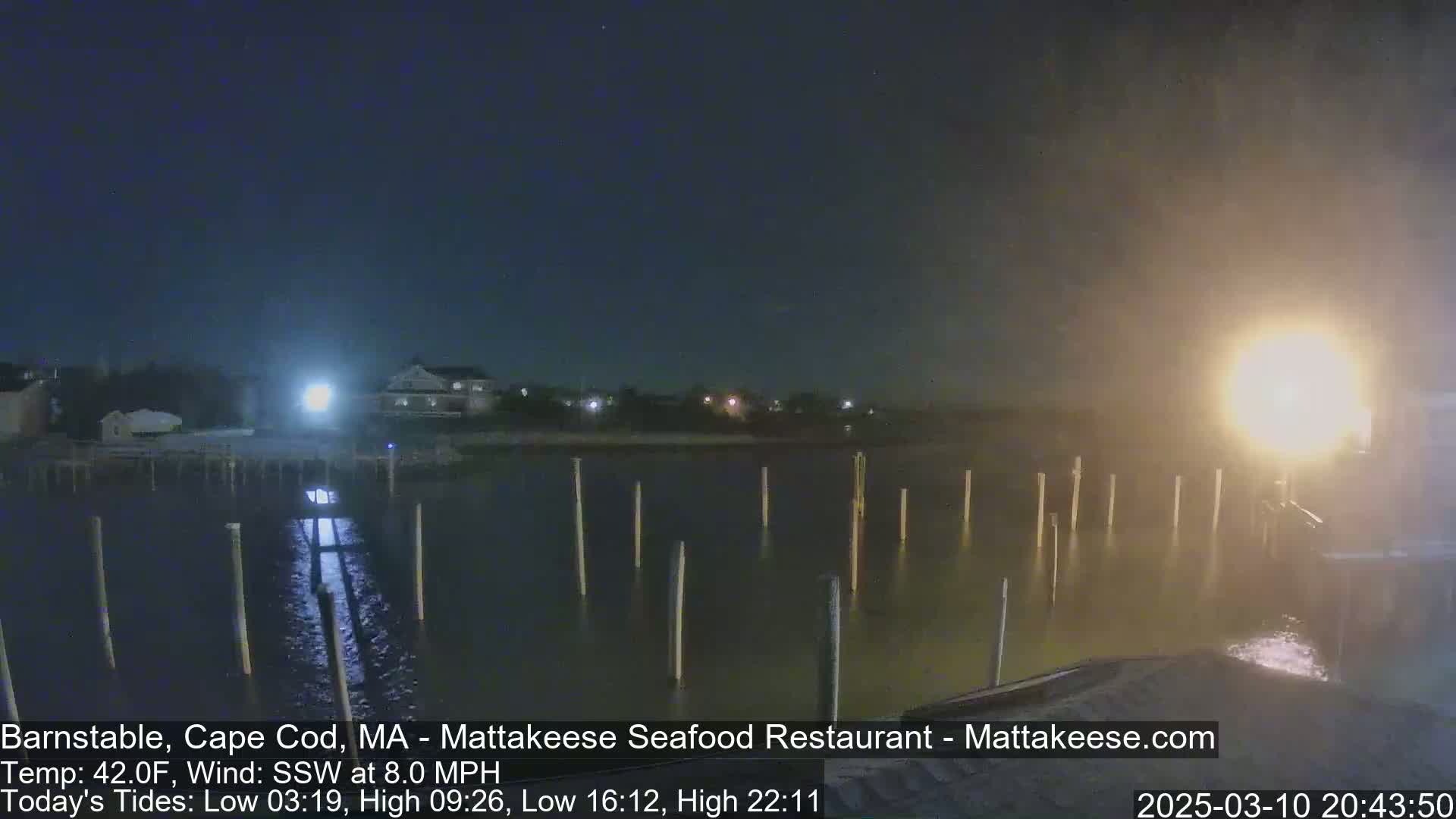 A nighttime view of a calm body of water with wooden posts extending from the shore, under a hazy sky.