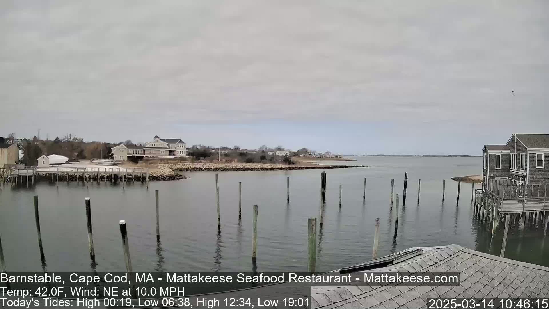 A calm body of water with wooden pilings, houses, and a cloudy sky.