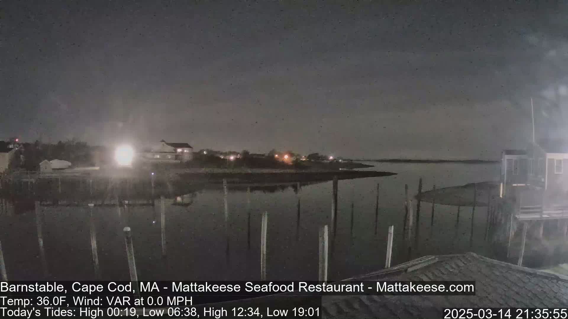 A nighttime view of a calm body of water with a shoreline featuring buildings and pilings under a dark, cloudy sky.