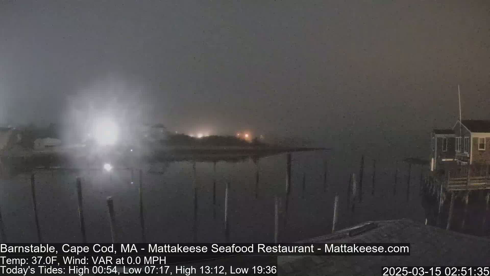 A foggy nighttime scene shows a body of water with pilings and a building in the distance, under a dark sky.