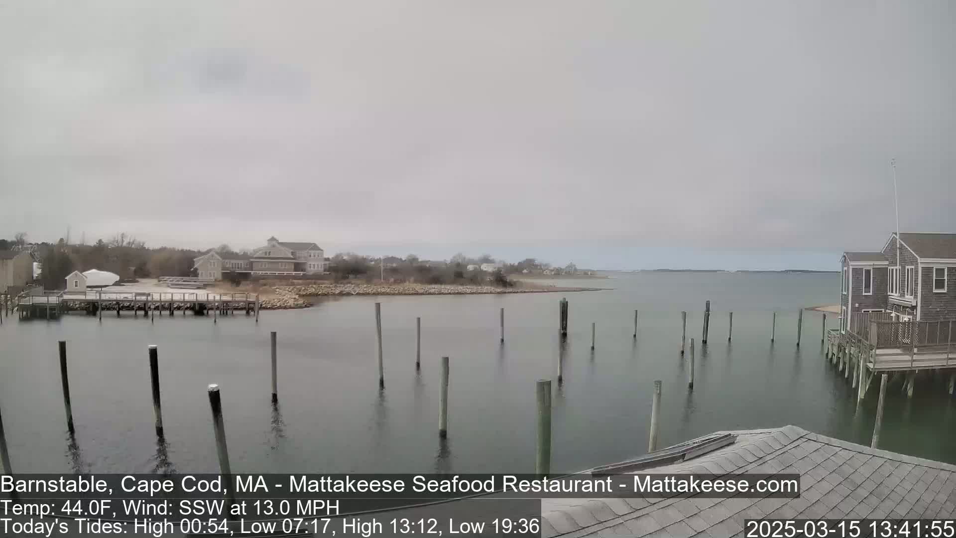 A calm, overcast day reveals a waterfront scene with several buildings, a dock, and pilings extending into the water.