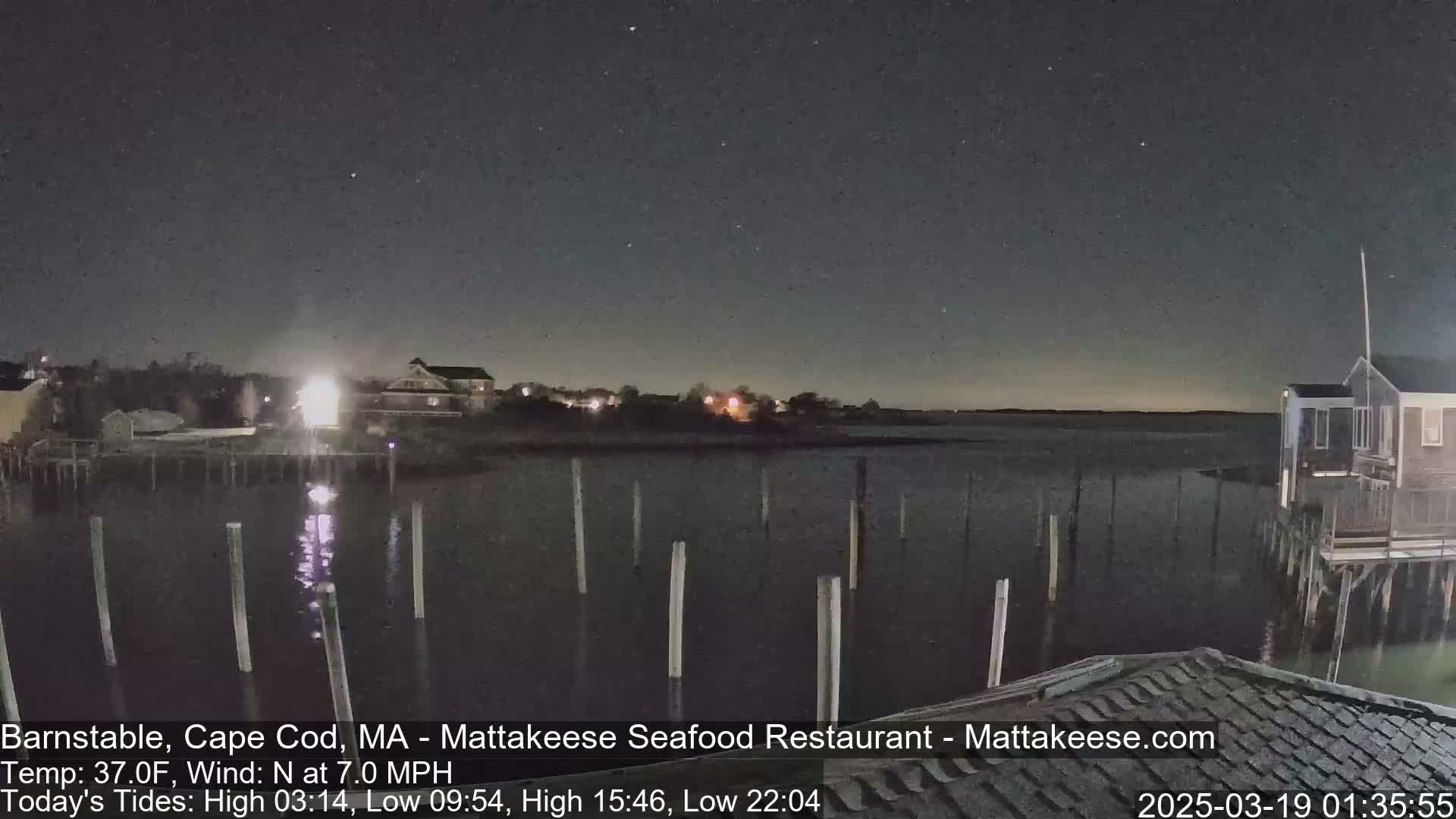 A nighttime view of a calm body of water with pilings, waterfront buildings, and a starry sky.