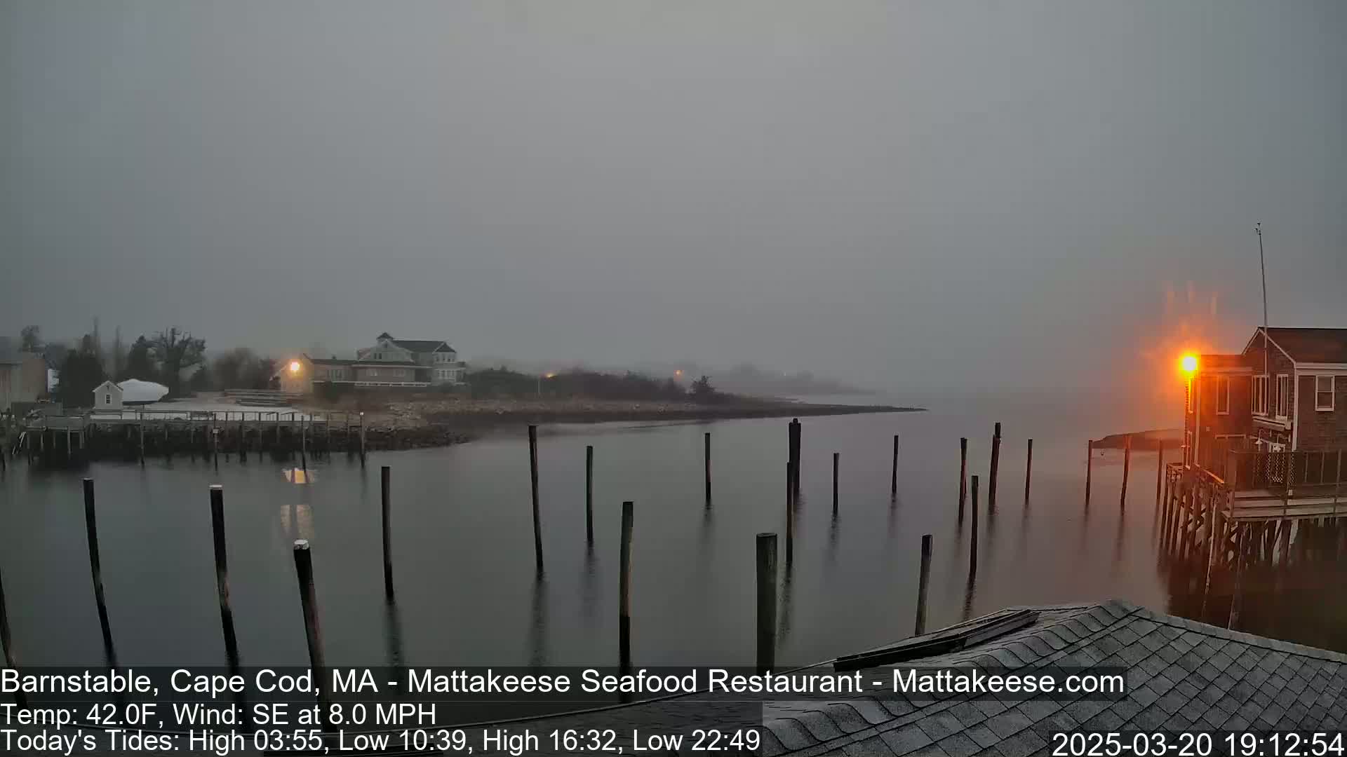 A foggy, gray day shows a calm body of water with wooden pilings extending into it from a shoreline with buildings.
