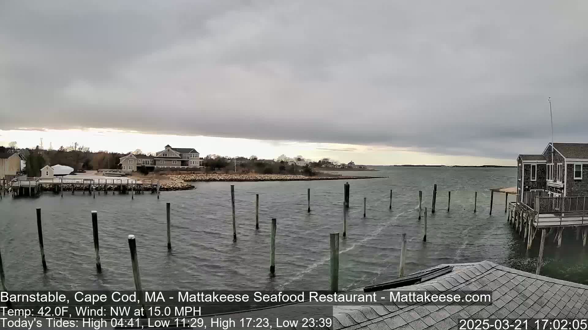 A calm body of water with several pilings and houses along the shore under an overcast sky.